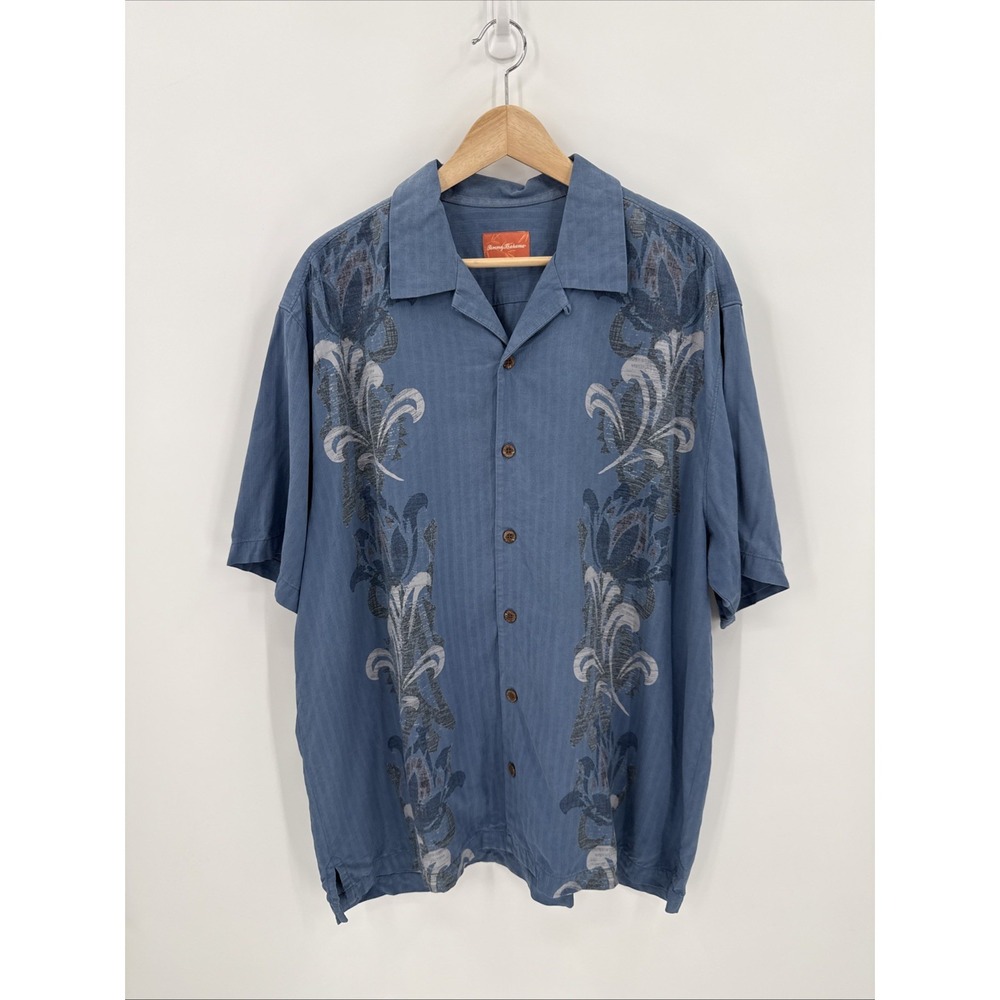 Tommy Bahama Mens 100% Silk Floral Blue Button-Up Shirt Size XL Beachy Travel